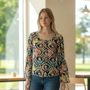 BLU PEPPER Woven Tunic Tribal Print Warm Colors Sz L